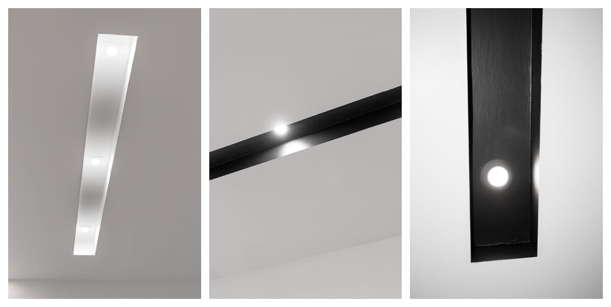 Kuva 1: Upotettu valkoinen LED-valonauha kattoon. Kuva 2: Musta LED-nauha kahdella pyöreällä valolla. Kuva 3: Lähikuva mustasta LED-nauhasta, yksi pyöreä valo.