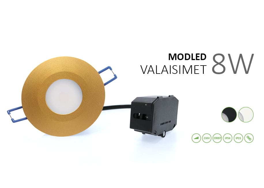 Kullanvärinen pyöreä LED-valo "MODELED VALAISIMET 8W" mustalla virtalähteellä, 230V, CRI95, IP44/IP21-luokiteltu tyylin ja toimivuuden vuoksi.