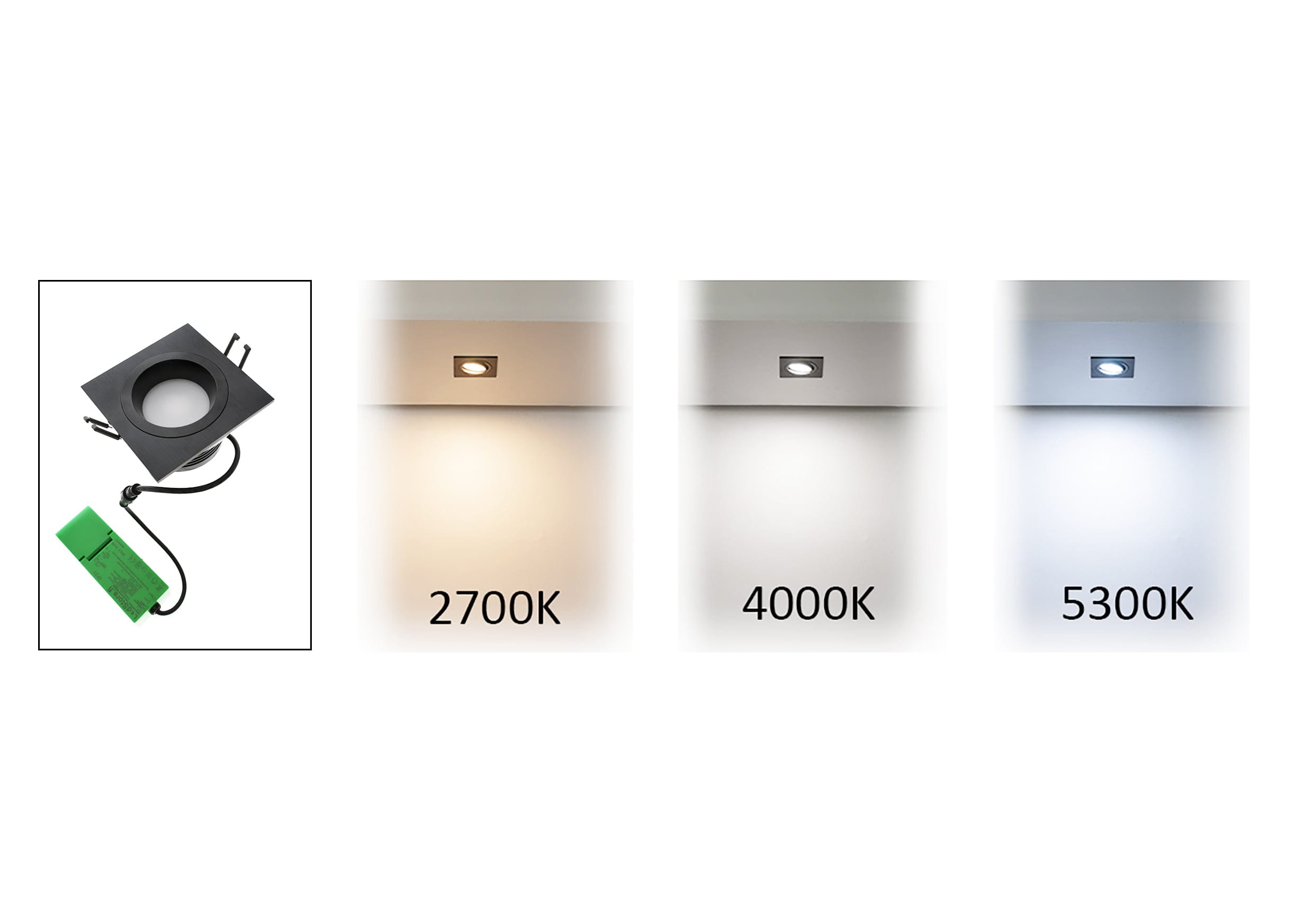 Musta neliö LED-valo säädettävällä värilämpötilalla: lämmin valkoinen 2700K, neutraali valkoinen 4000K, kylmä valkoinen 5300K. Monipuolinen valaistus mihin tahansa tunnelmaan.