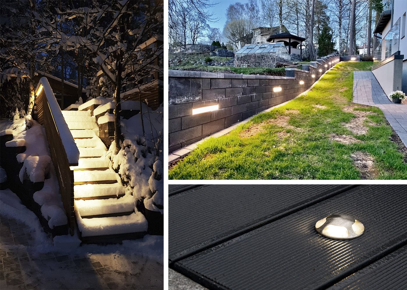 Yhdistelmäkuva LED-ulkovalaistuksesta: lumiset portaat, puutarhakäytävä ja kansivalo esittelevät energiatehokkaita valaistusratkaisuja.