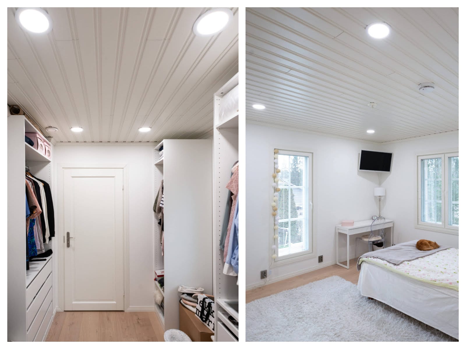Vaatehuone LED-valaistuilla hyllyillä, puulattia; viihtyisä makuuhuone, jossa valkoinen peitto, seinä-tv, pörröinen matto. Katto-LED-valot valaisevat molempia tiloja.