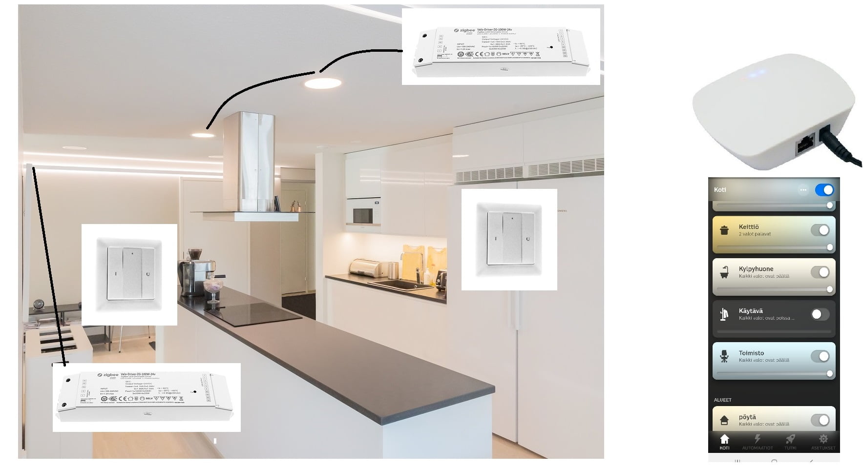 Moderni keittiöllä saarekkeella, huippuluokan LED-valaistuksen ohjaimilla ja yhdistetyllä älykotijärjestelmän käyttöliittymällä, joka näkyy oikealla. Erilaiset älylaitteet ja kytkimet korostuvat, esittäen niiden integroinnin mobiilisovelluksen ohjaukseen. LedStore.fi:n valikoimasta löydät kaikki tarvittavat komponentit tähän moderniin valaistusratkaisuun.